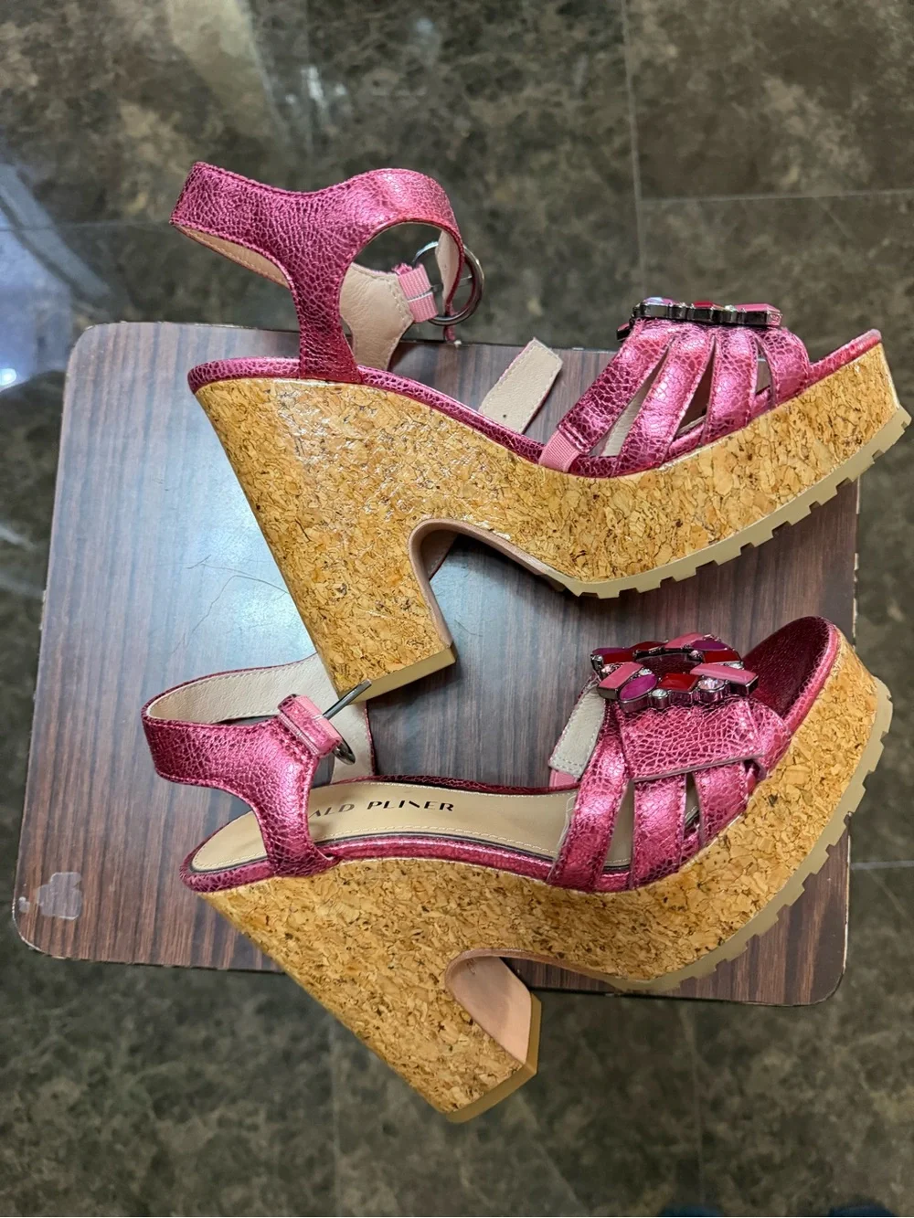 Donald J. Pliner Metallic Pink Jeweled Platform Sandals